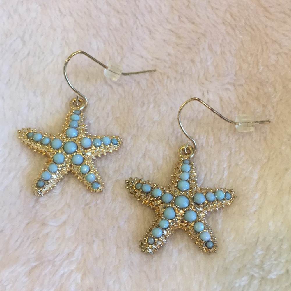 Starfish & Aqua gem accent Pierced Earrings NWOT